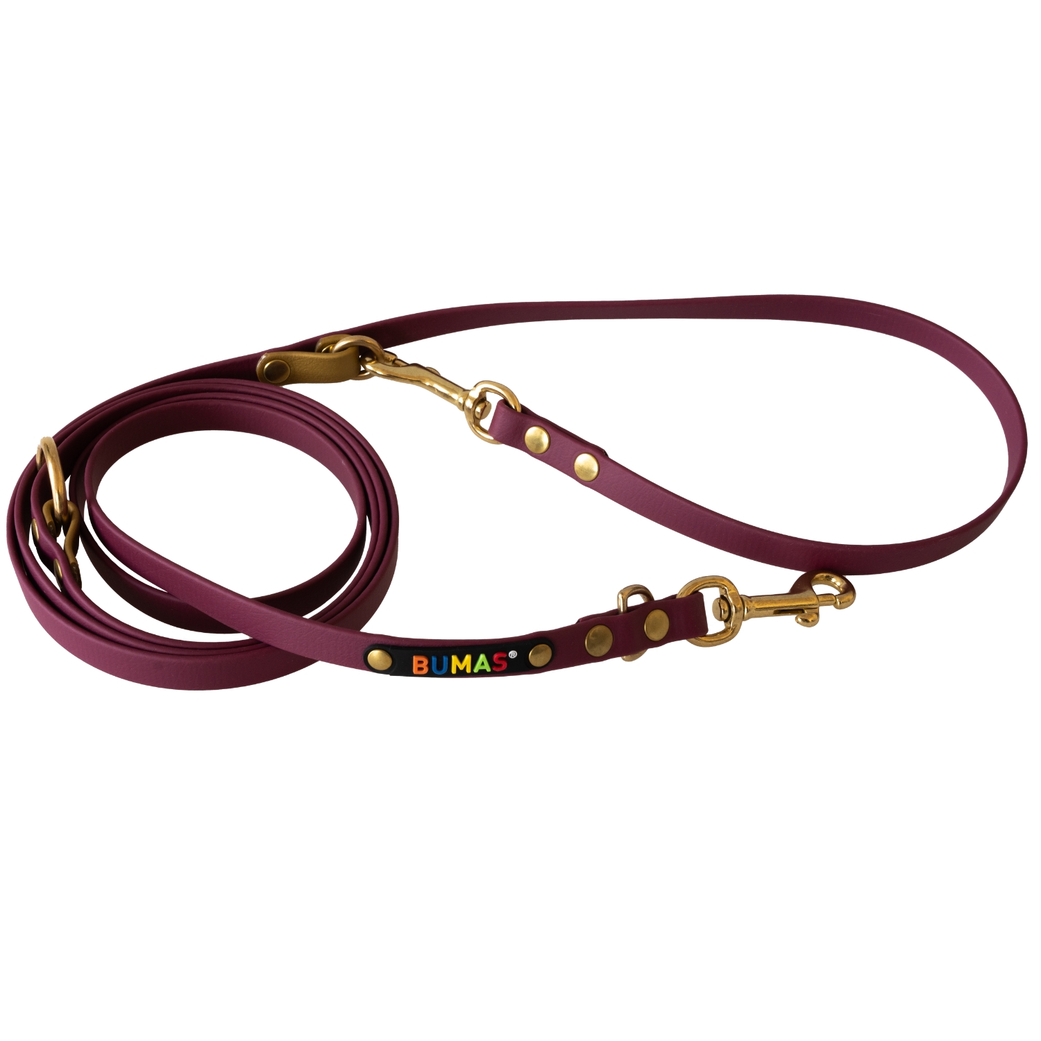 BUMAS Führleine verstellbar aus Biothane, 2 Meter, Farbe Gold & Weinrot