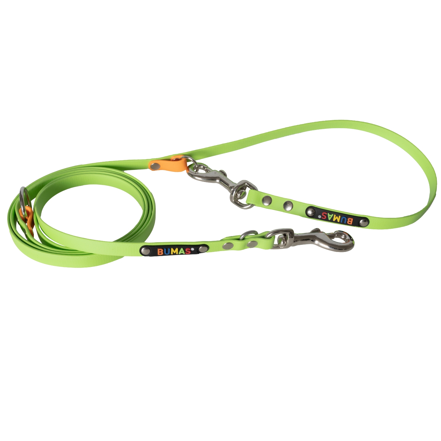 BUMAS Führleine verstellbar aus Biothane, 2 Meter, Farbe Kiwi & Mandarine