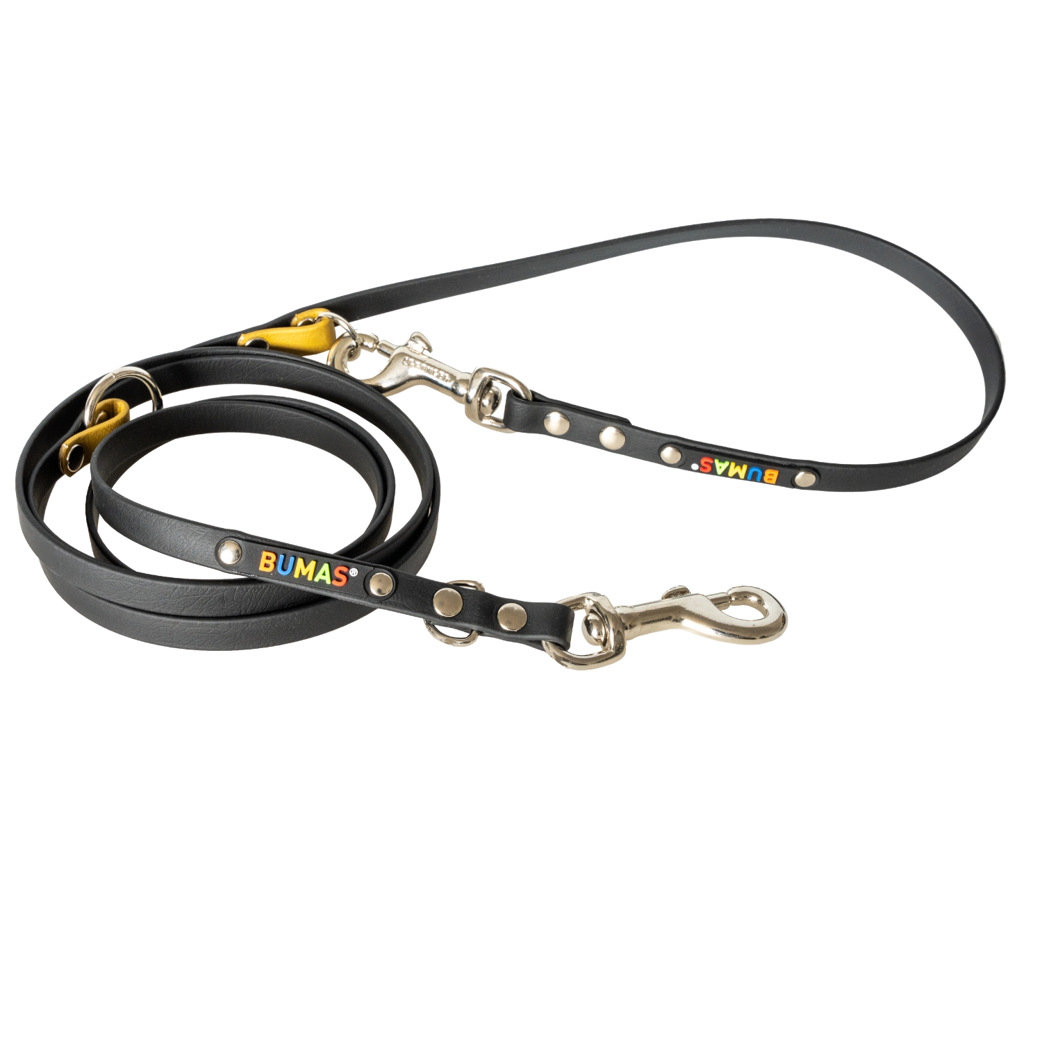 BUMAS Führleine verstellbar aus Biothane, 2 Meter, Farbe Gold & Schwarz