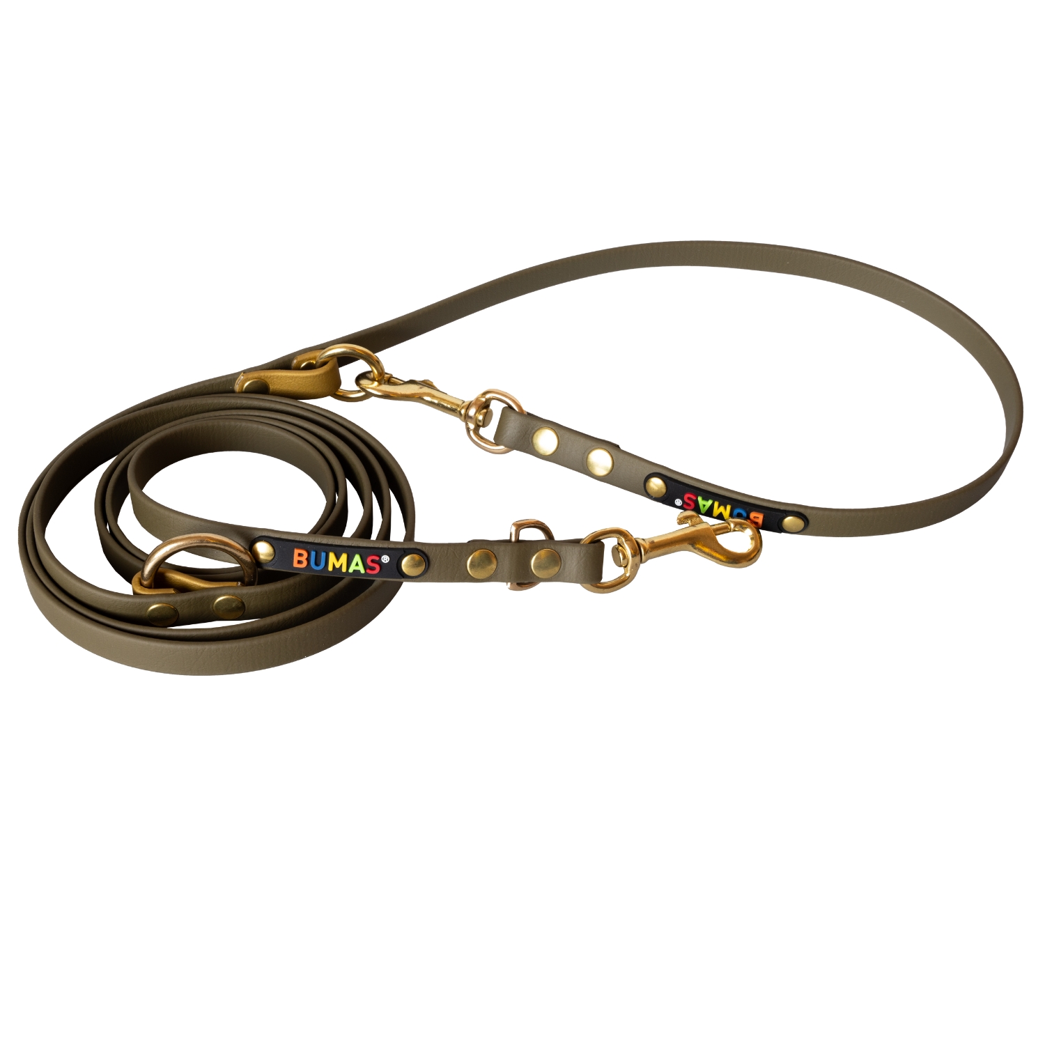 BUMAS Führleine verstellbar aus Biothane, 2 Meter, Farbe Gold & Olive