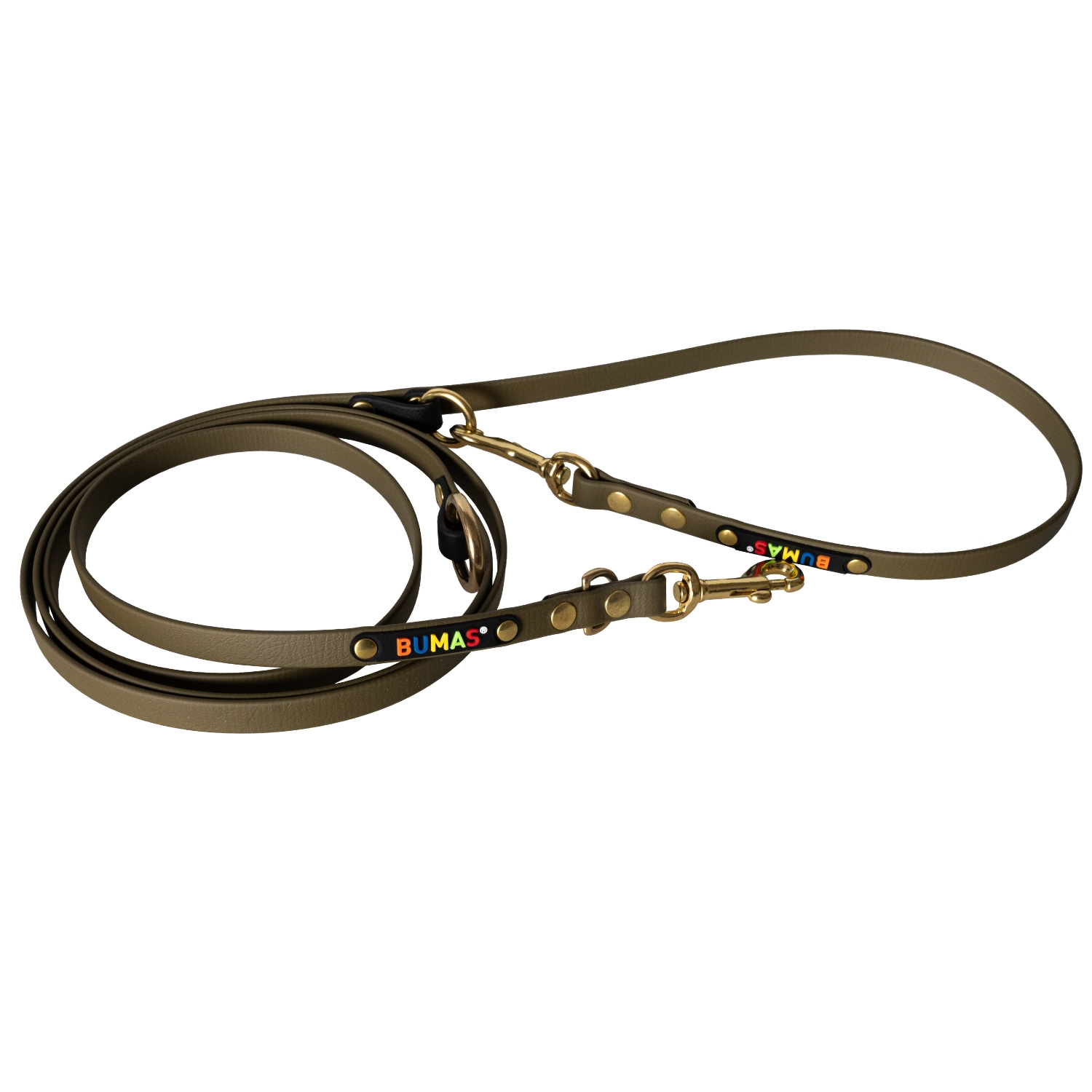 BUMAS Führleine verstellbar aus Biothane, 2 Meter, Farbe Schwarz & Olive