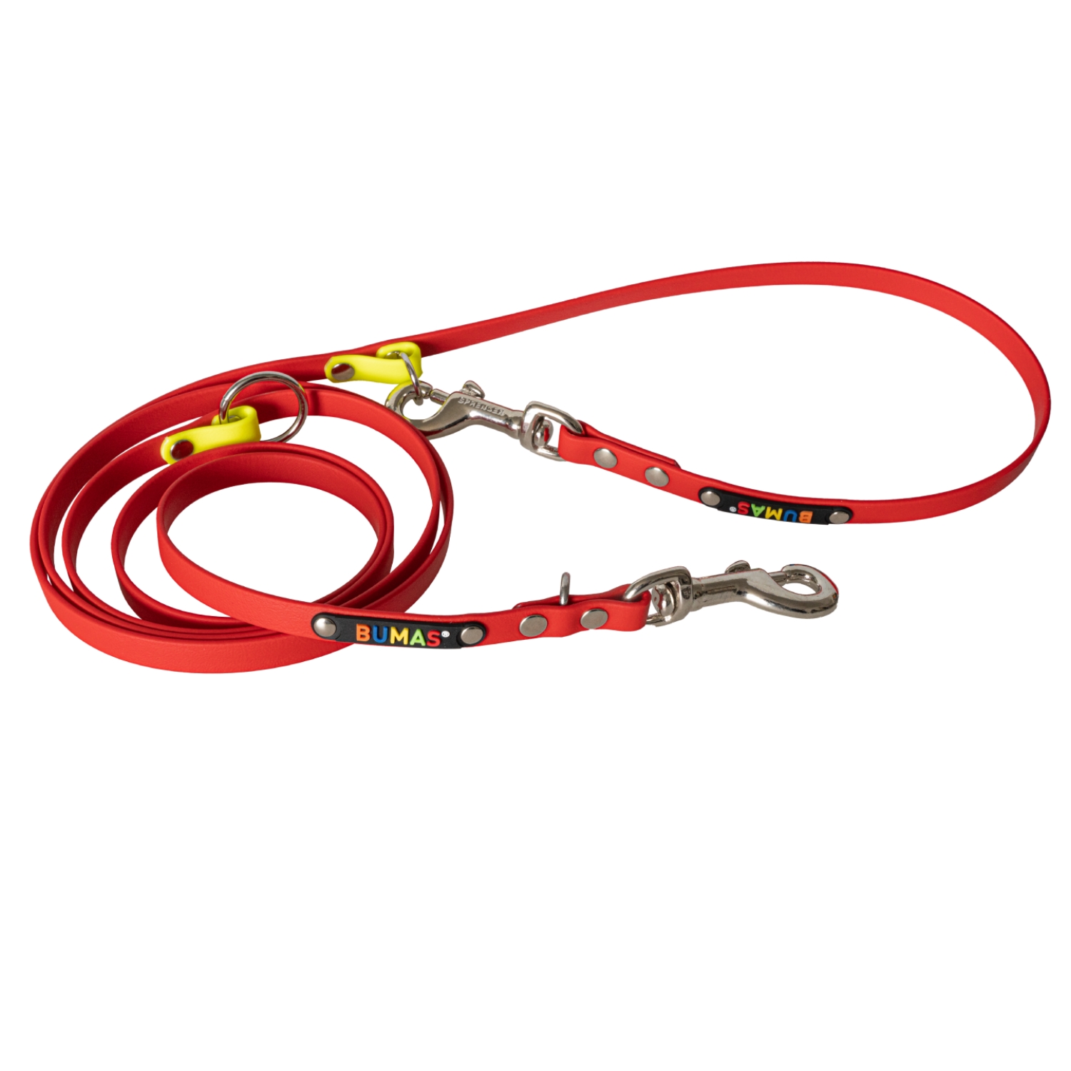 BUMAS Führleine verstellbar aus Biothane, 2 Meter, Farbe Neon Gelb & Rot