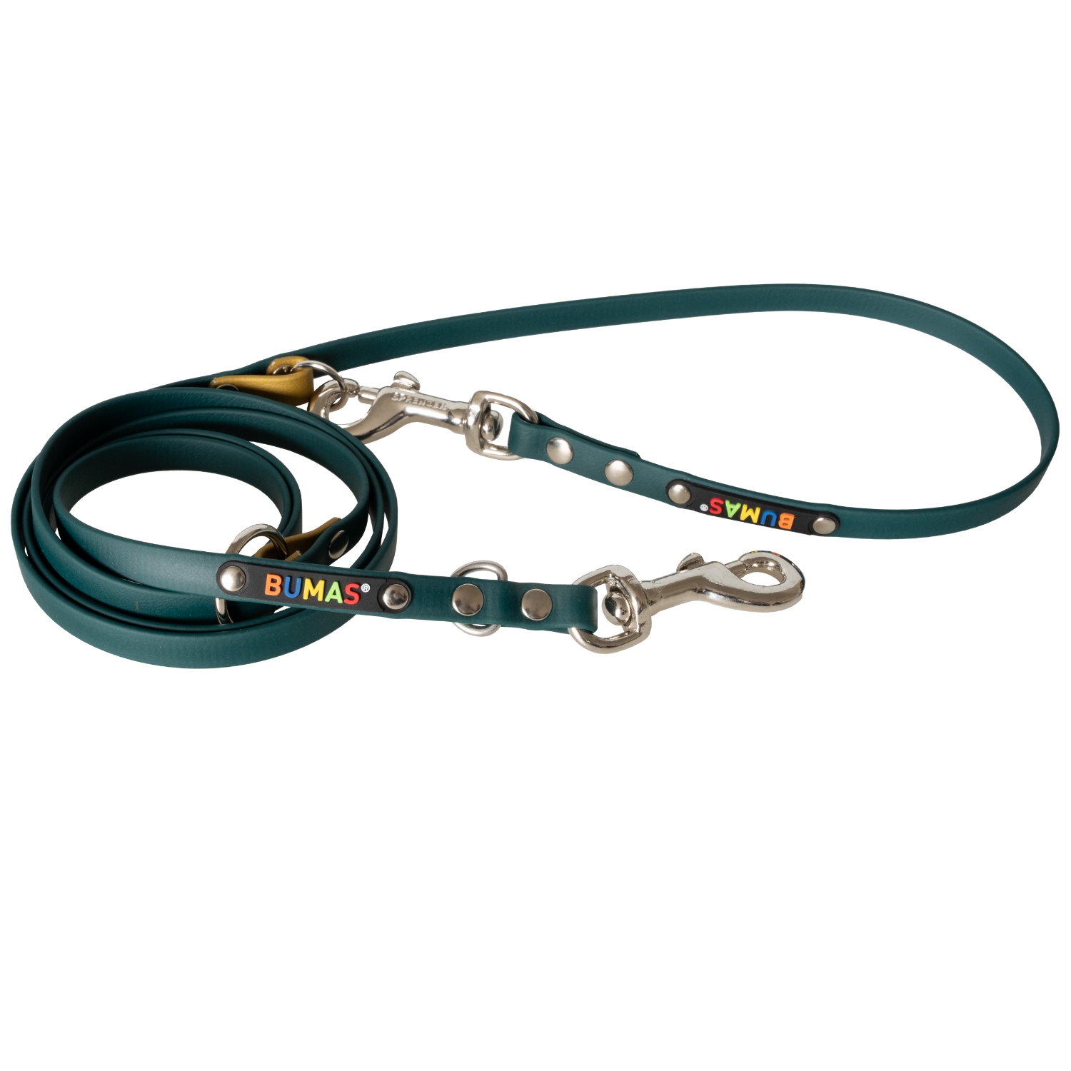 BUMAS Führleine verstellbar aus Biothane, 2 Meter, Farbe Gold & Dunkelgrün